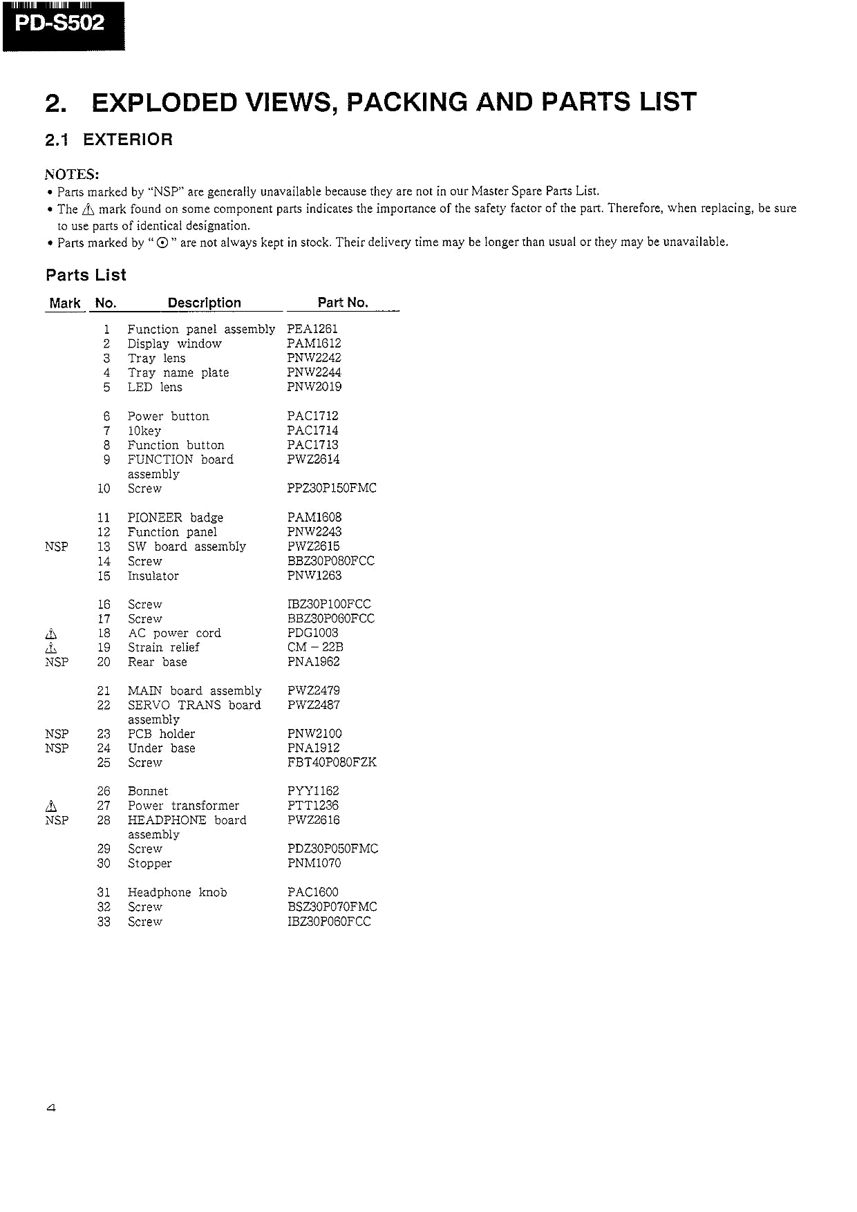 Pioneer PD-S502 CD Player Service Manual (Pages: 26)