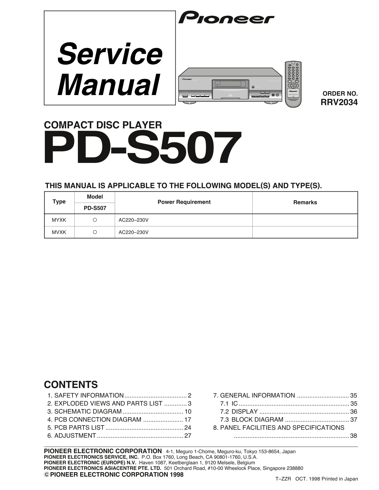Pioneer PD-S507 CD Player Service Manual (Pages: 39)