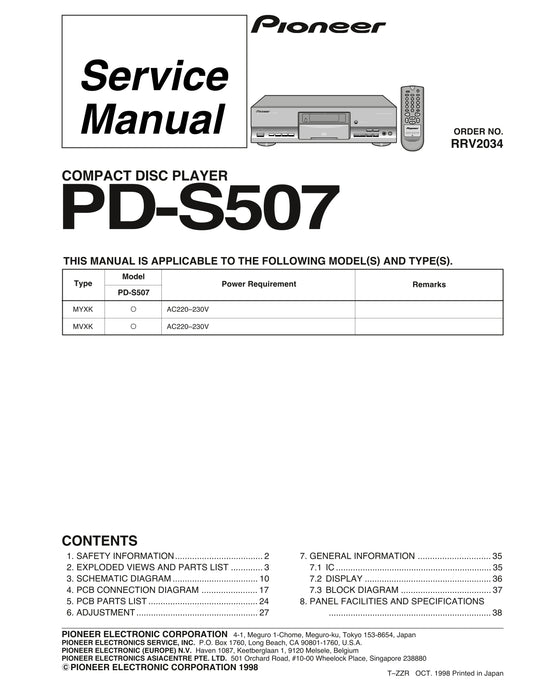Pioneer PD-S507 CD Player Service Manual (Pages: 39)