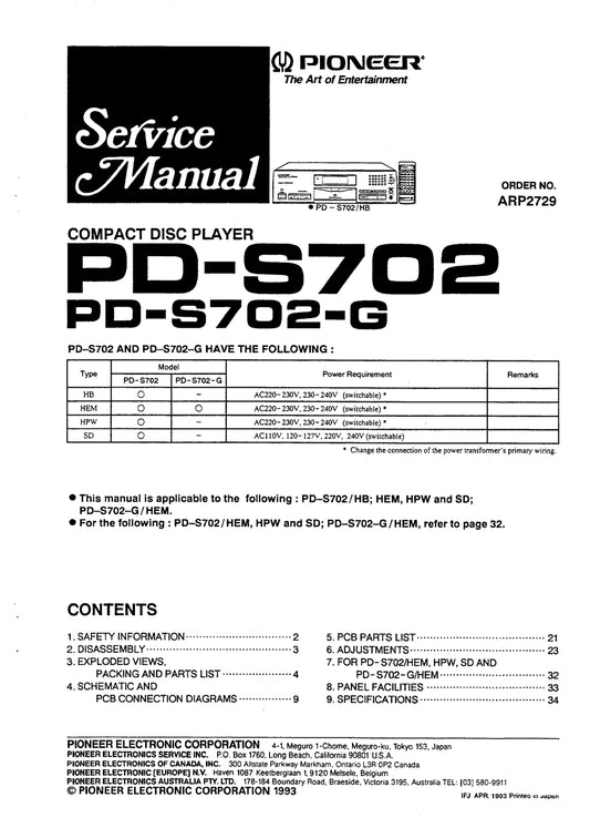 Pioneer PD-S702 CD Player Service Manual (Pages: 30)