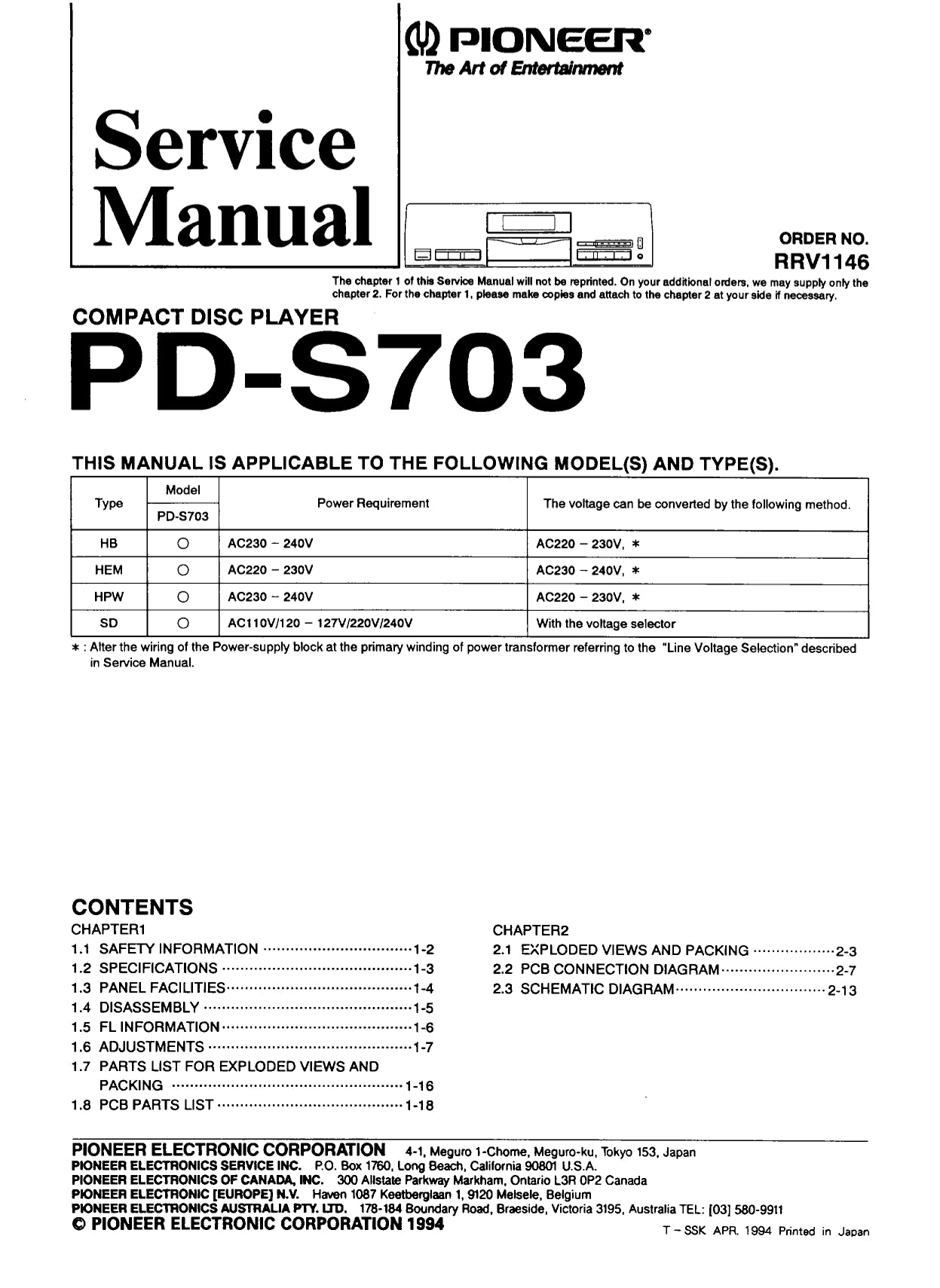 Pioneer PD-S703 CD Player Service Manual (Pages: 29)