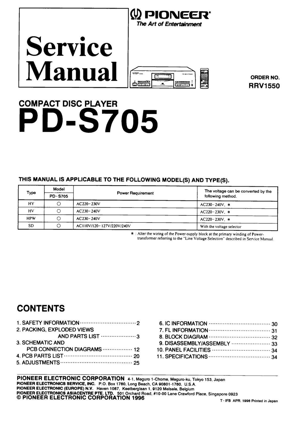 Pioneer PD-S705 CD Player Service Manual (Pages: 34)