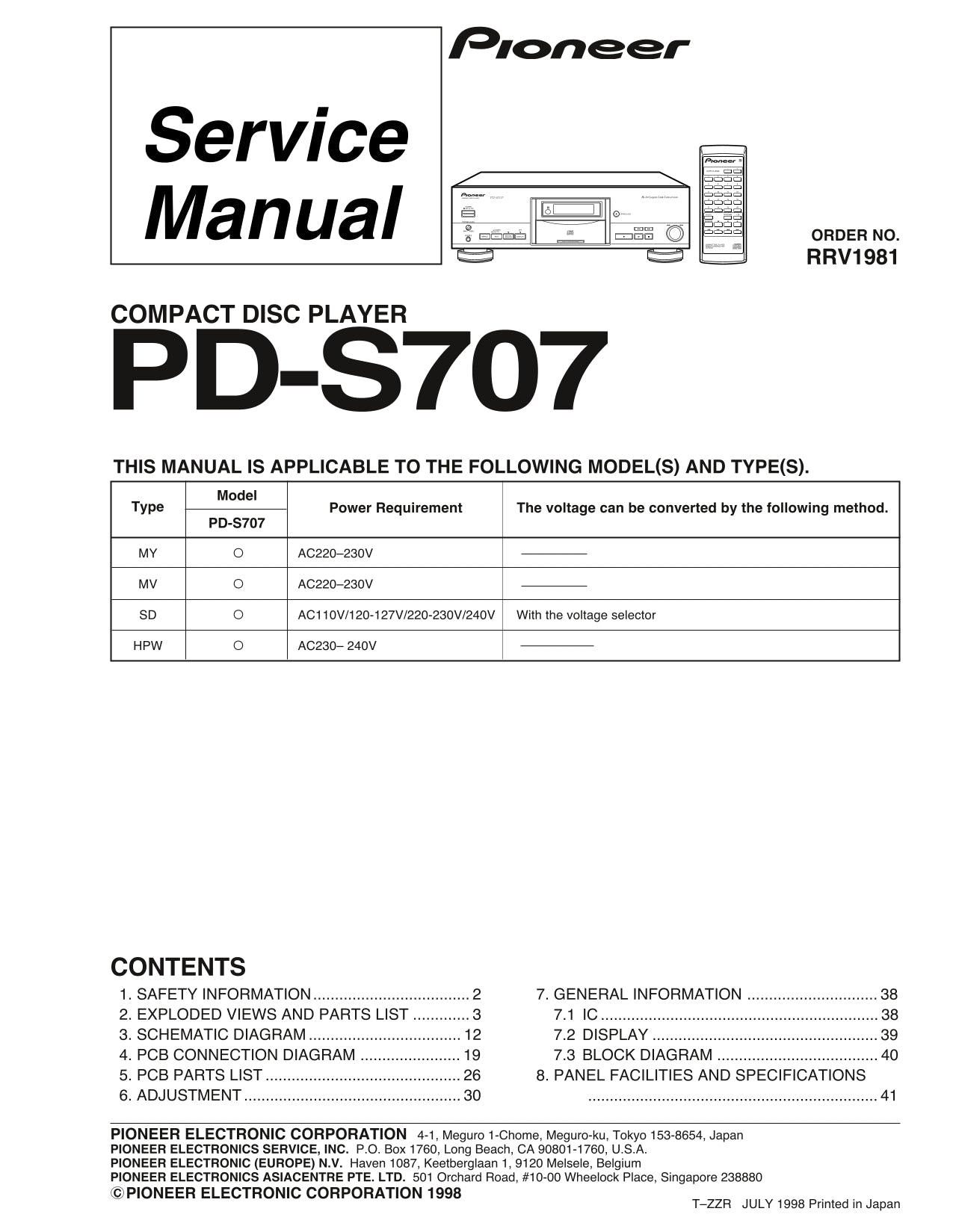 Pioneer PD-S707 CD Player Service Manual (Pages: 41)