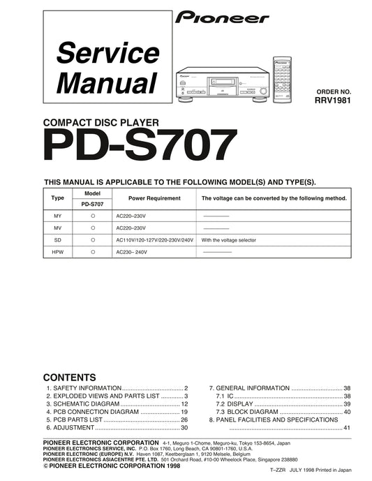 Pioneer PD-S707 CD Player Service Manual (Pages: 41)