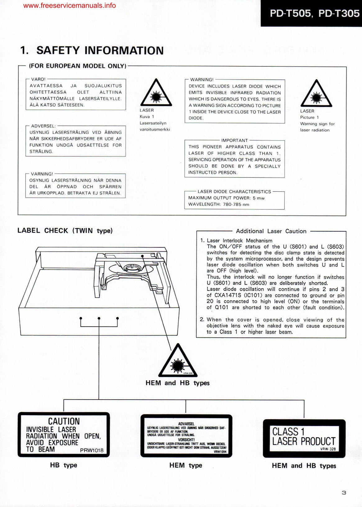 Pioneer PD-T305 & PD-T505 CD Player Service Manual (Pages: 24)