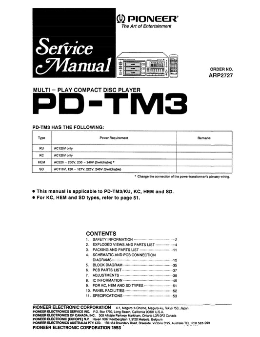 Pioneer PD-TM3 CD Player Service Manual (Pages: 41)