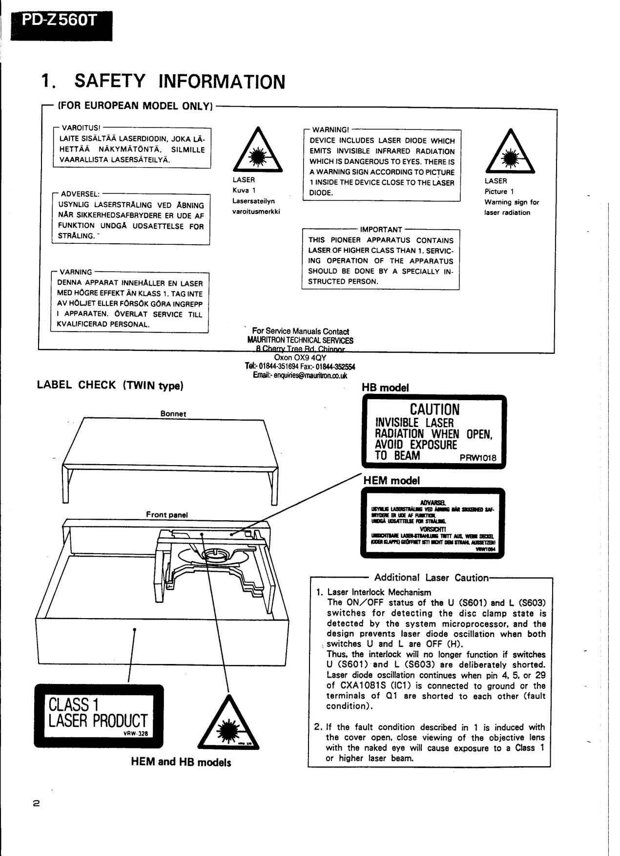 Pioneer PD-Z560T CD Player Service Manual (Pages: 52)