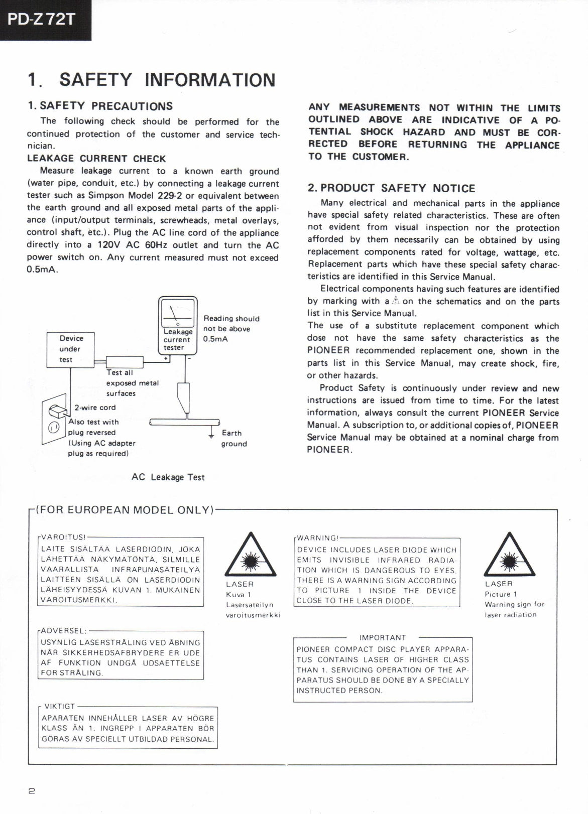 Pioneer PD-Z72T CD Player Service Manual (Pages: 62)