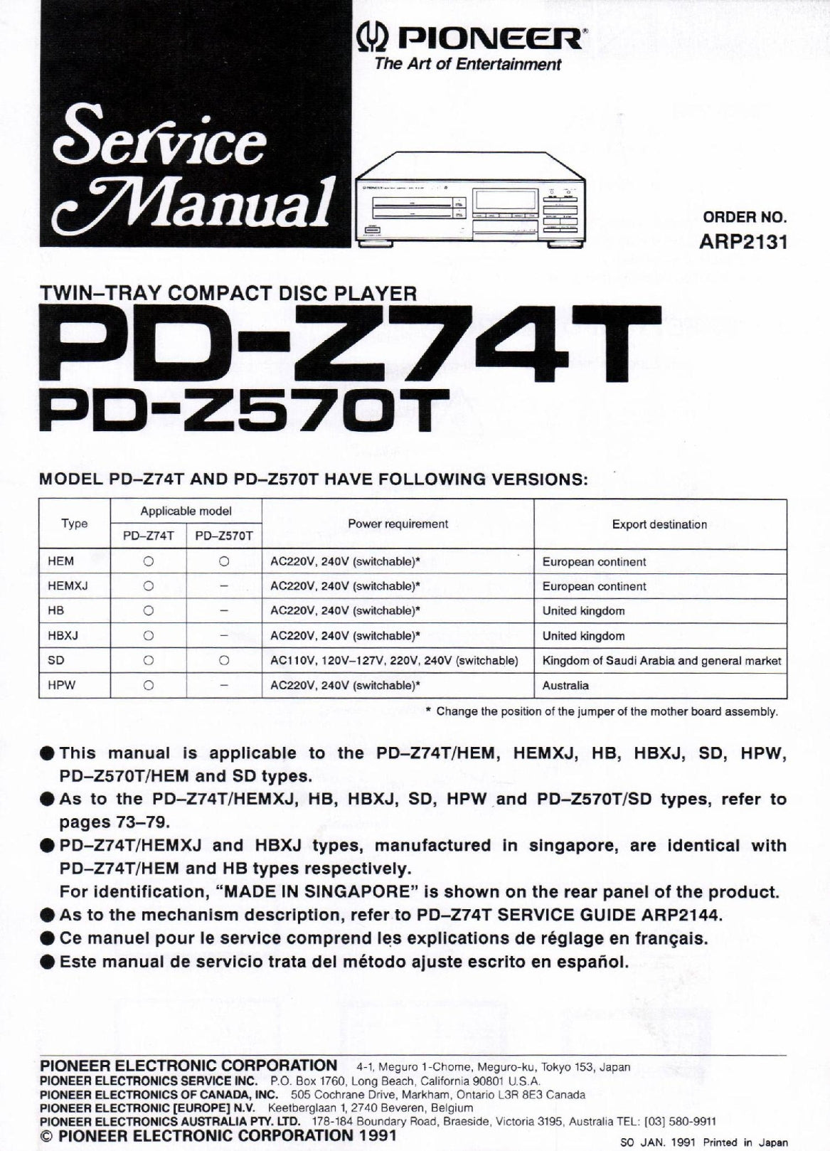 Pioneer PD-Z74T & PD-Z570T CD Player Service Manual (Pages: 67)