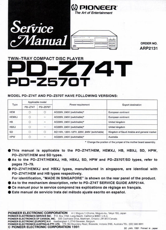 Pioneer PD-Z74T & PD-Z570T CD Player Service Manual (Pages: 67)