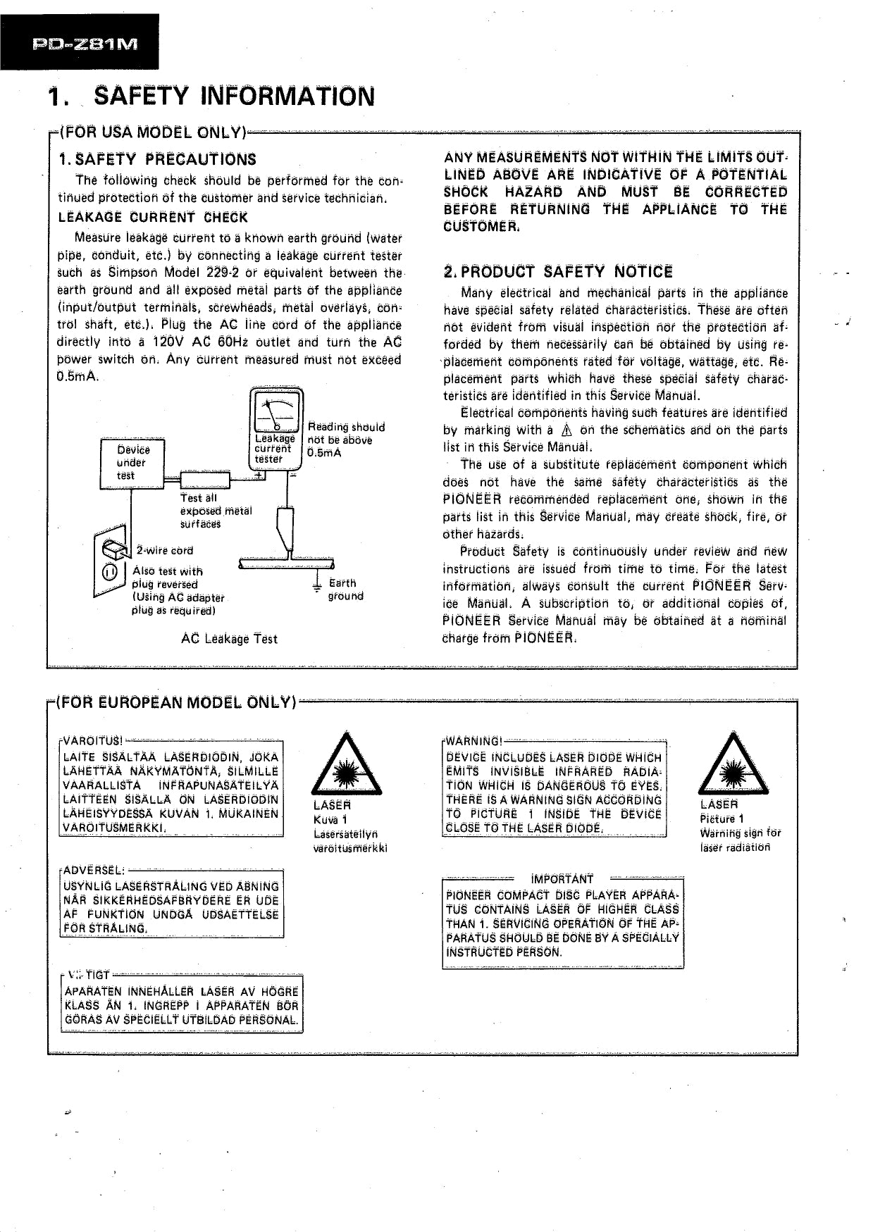 Pioneer PD-Z81M CD Player Service Manual (Pages: 171)