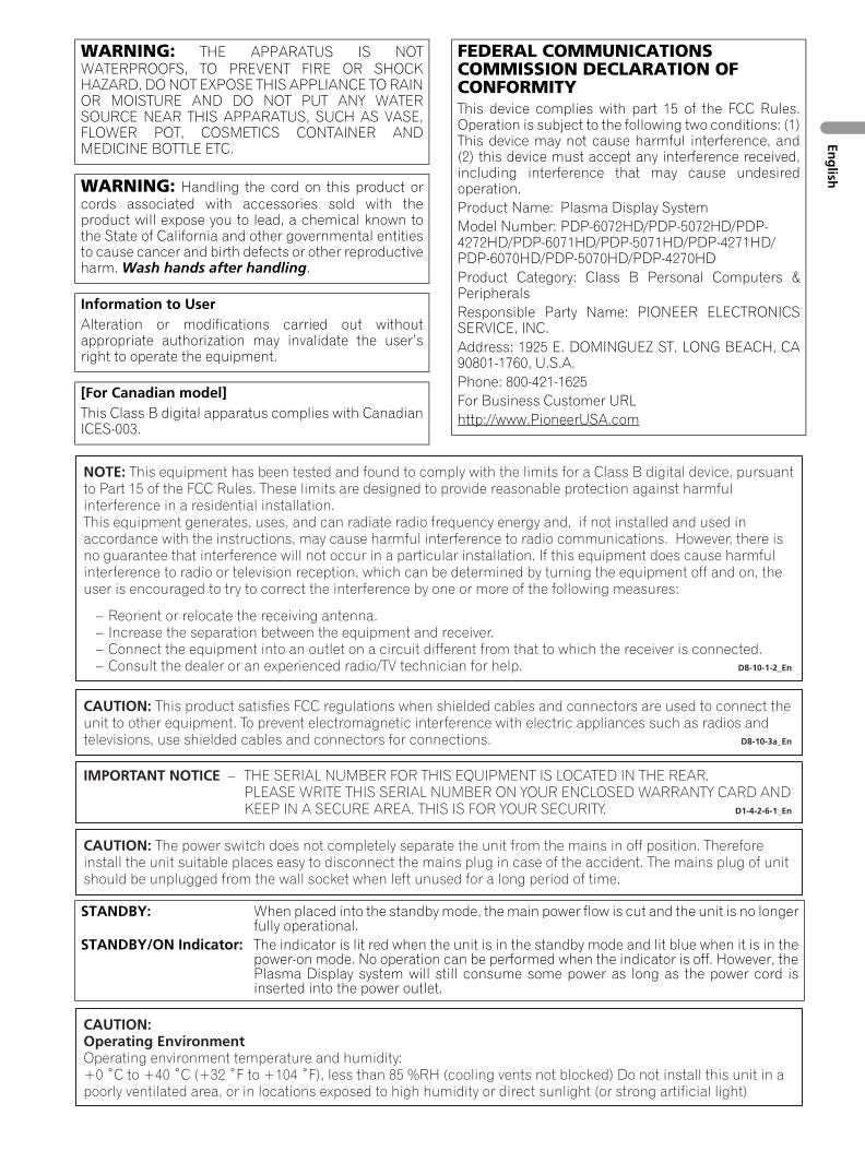 Pioneer PDP4270HD PDP4271HD PDP4272HD Audio System Operating Manual