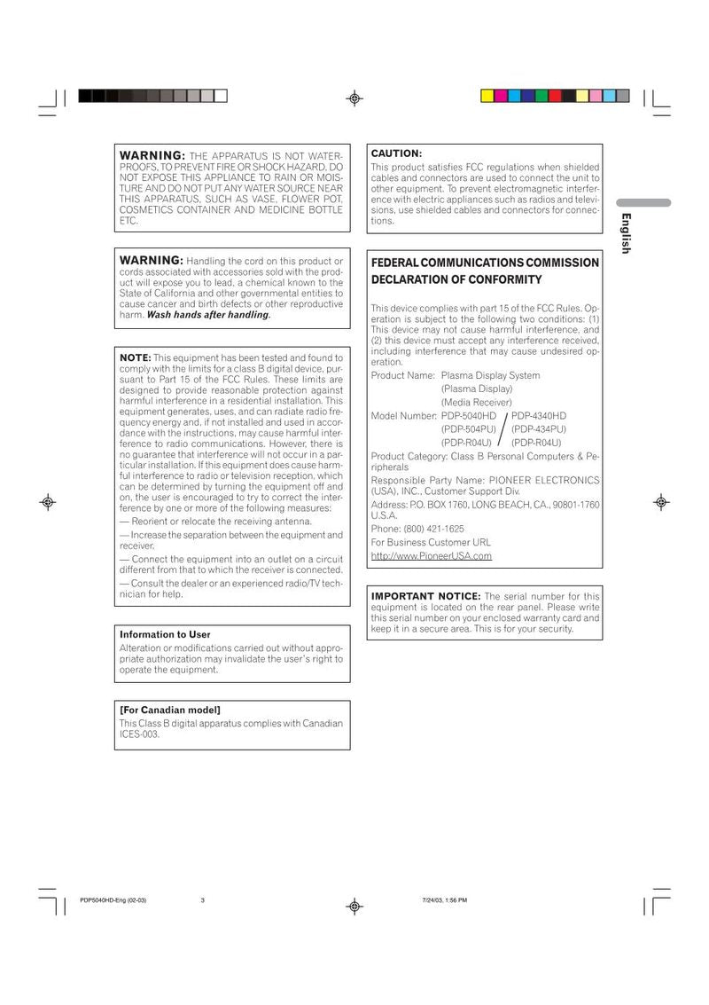 Pioneer PDP4340HD PDP5040HD Monitor Operating Manual