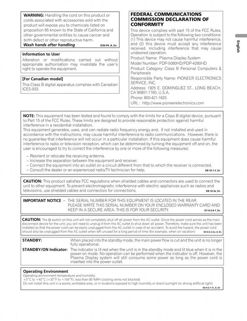 Pioneer PDP4280HD PDP5080HD TV Operating Manual