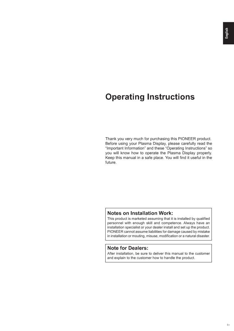 Pioneer PDP6100HD TV Operating Manual