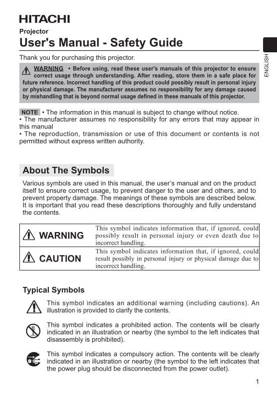 Hitachi PJTX200 PJTX200J Projector Operating Manual