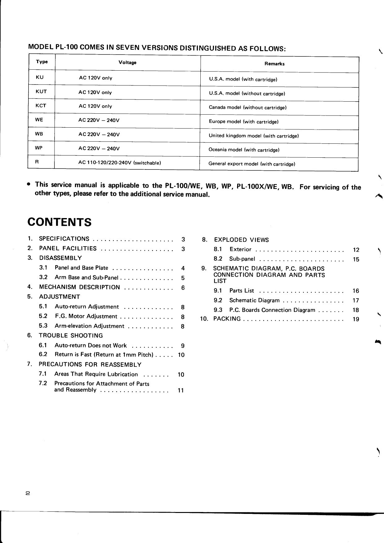 Pioneer PL-100 & PL-100X Stereo Turntable Service Manual (Pages: 21)