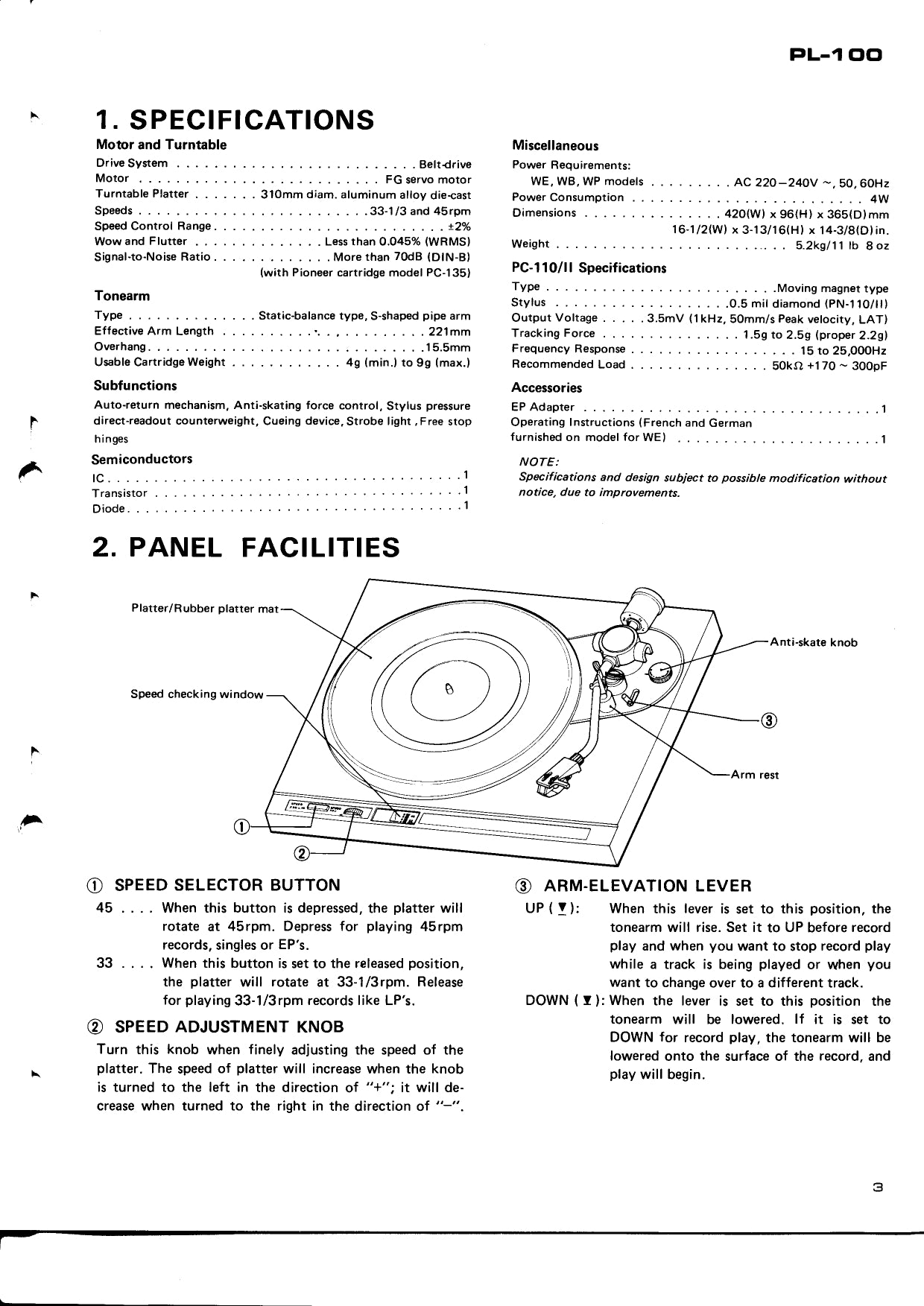 Pioneer PL-100 & PL-100X Stereo Turntable Service Manual (Pages: 21)