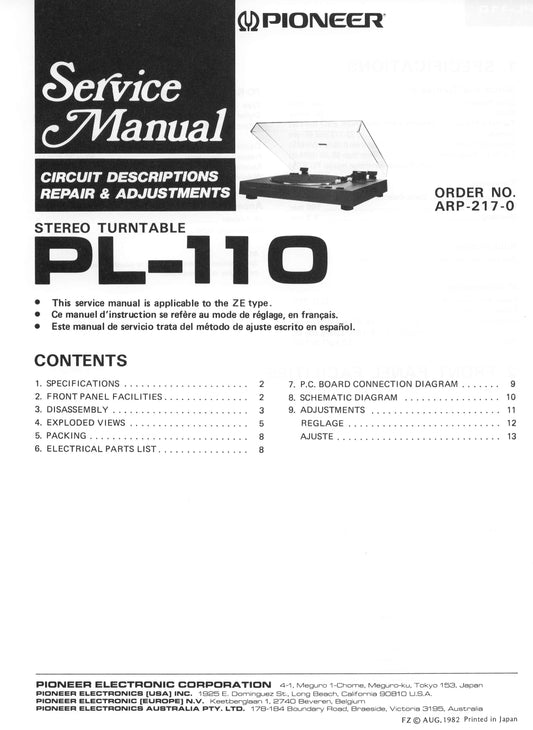 Pioneer PL-110 Turntable Service Manual (Pages: 11)
