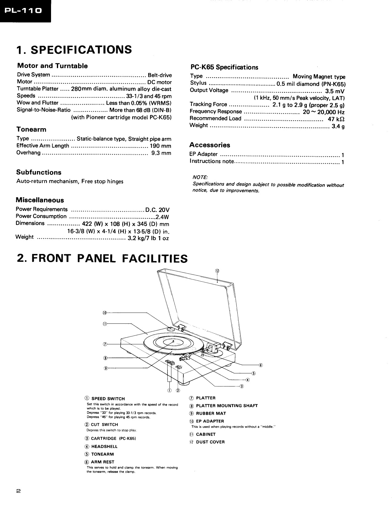 Pioneer PL-110 Turntable Service Manual (Pages: 11)