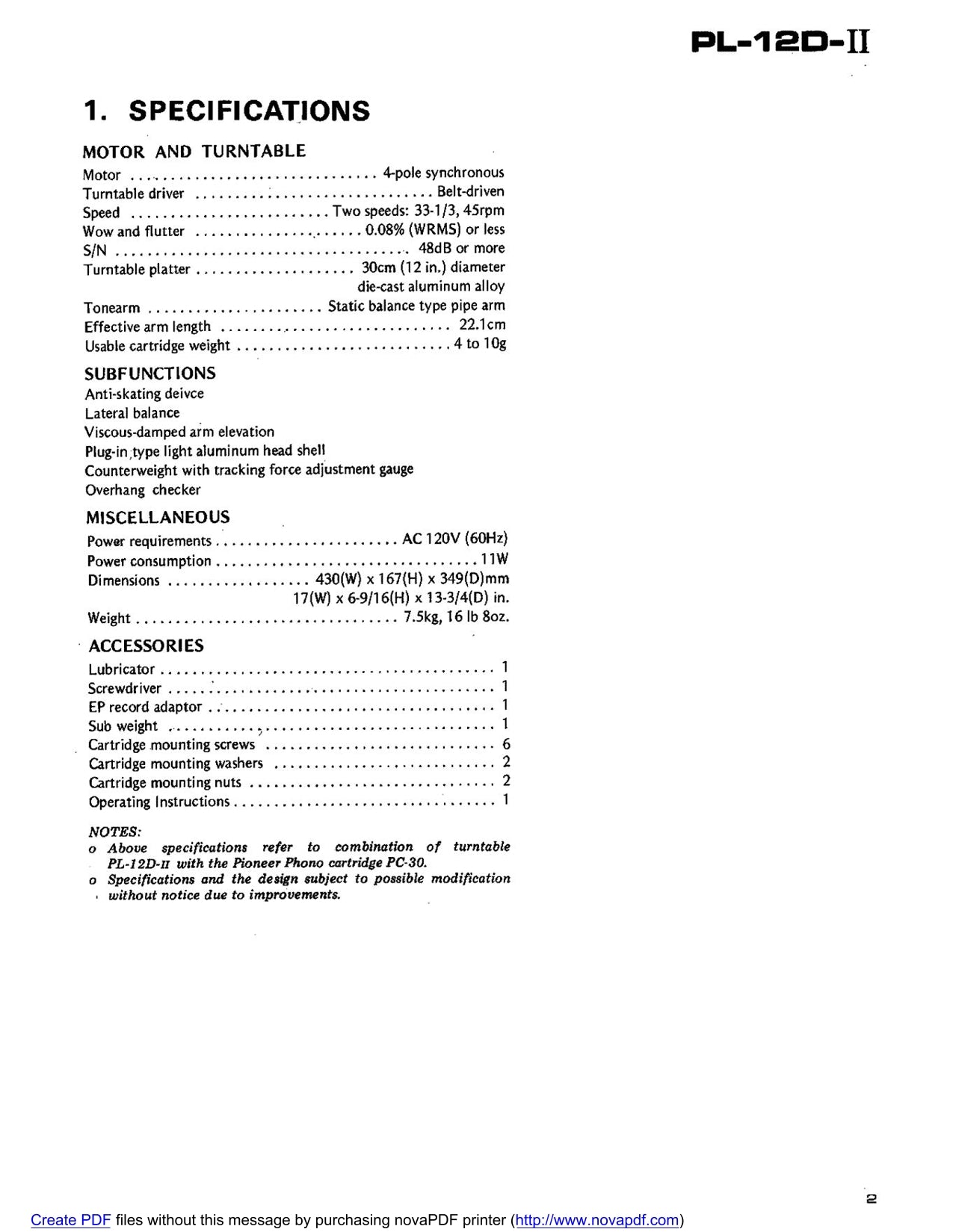 Pioneer PL-12D-II Turntable Service Manual (Pages: 10)