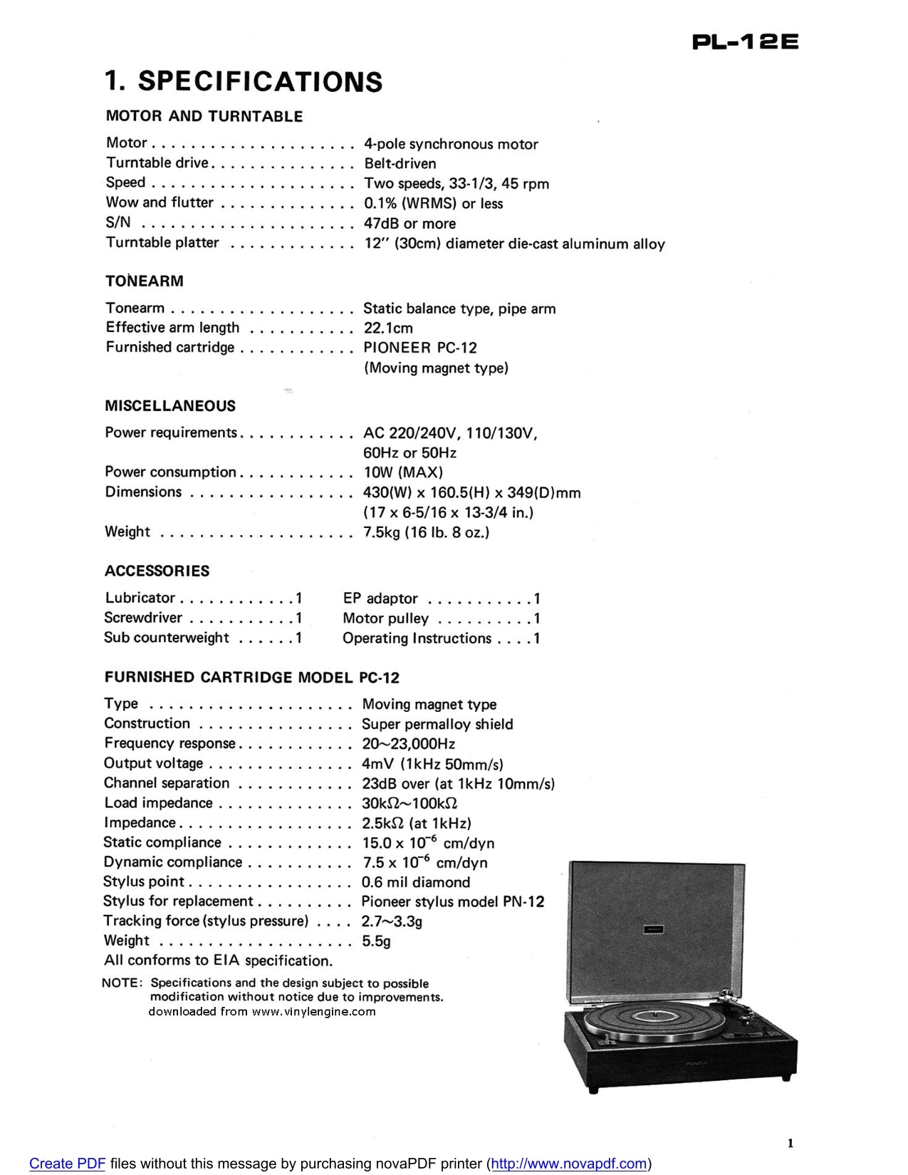 Pioneer PL-12E Turntable Service Manual (Pages: 15)