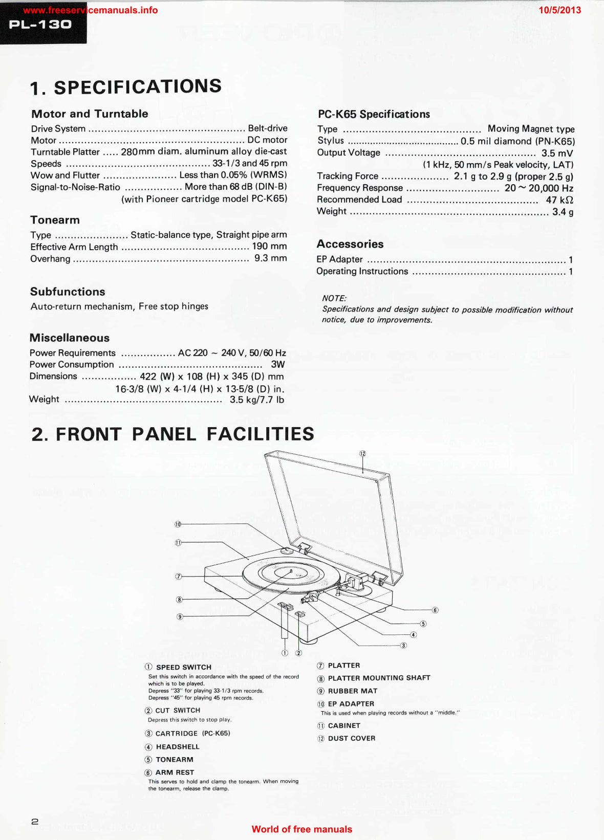 Pioneer PL-130 Turntable Service Manual (Pages: 11)