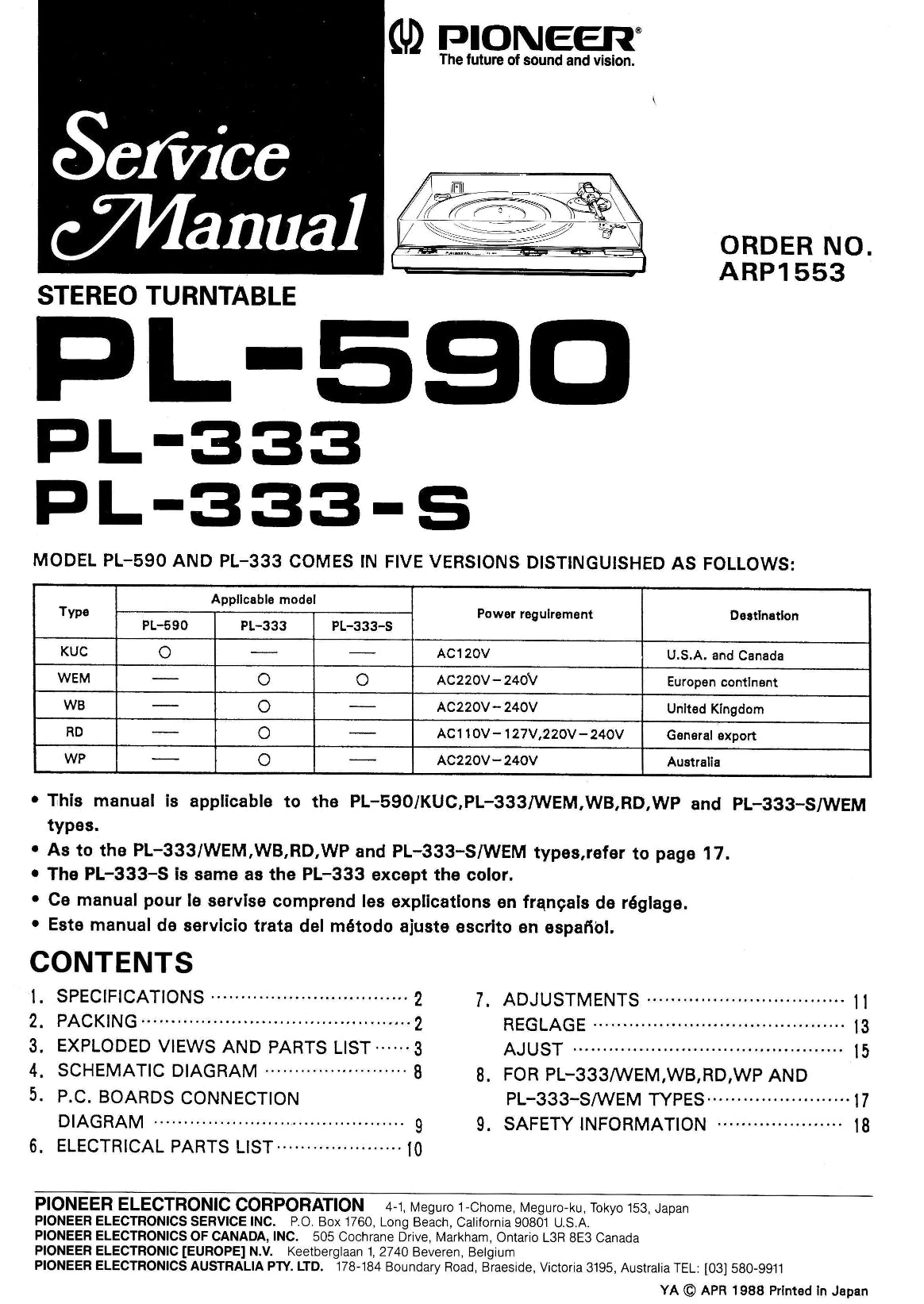 Pioneer PL-333 & PL-590 Turntable Service Manual (Pages: 17)