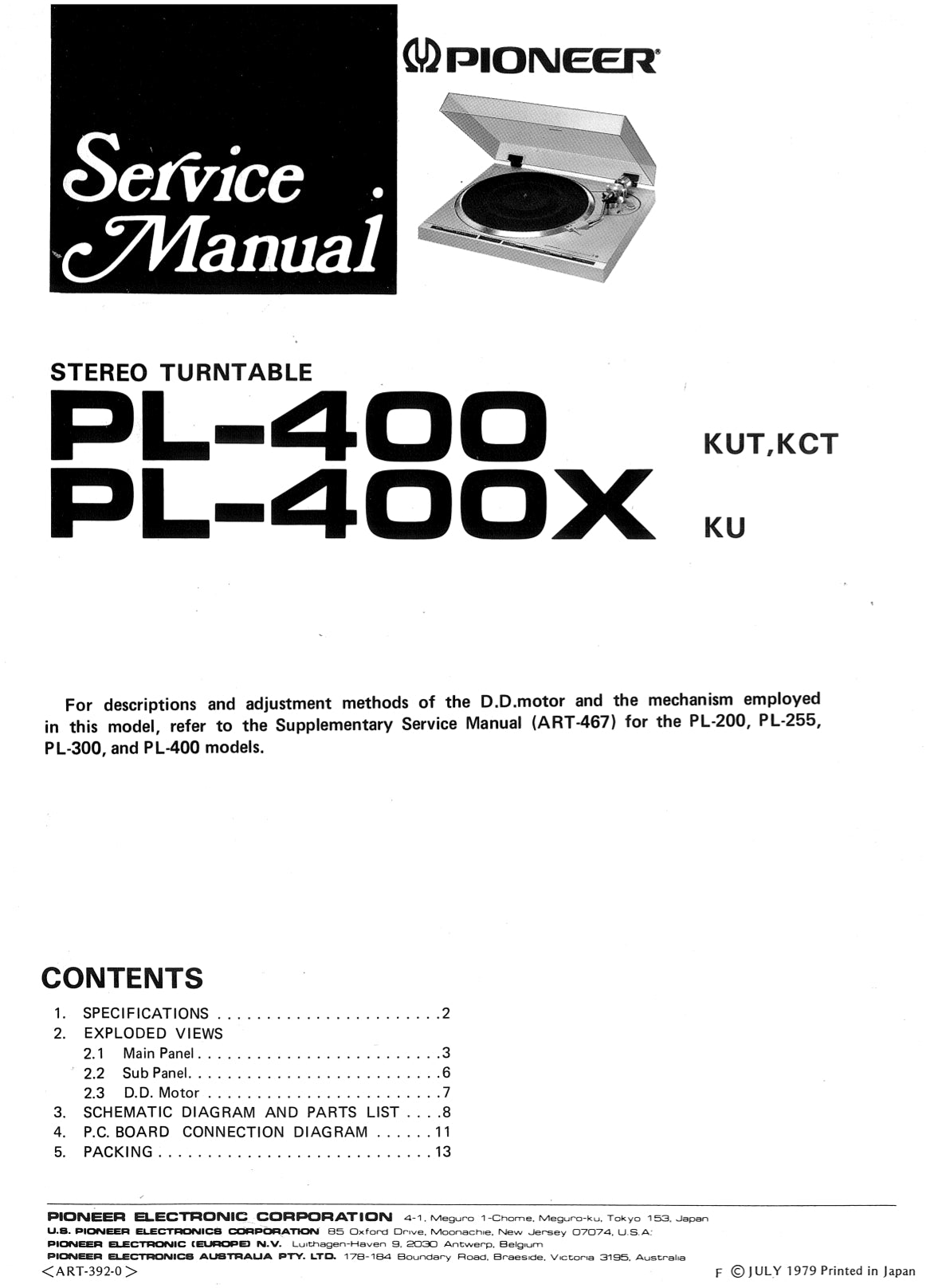 Pioneer PL-400 & PL-400X Turntable Service Manual (Pages: 33)