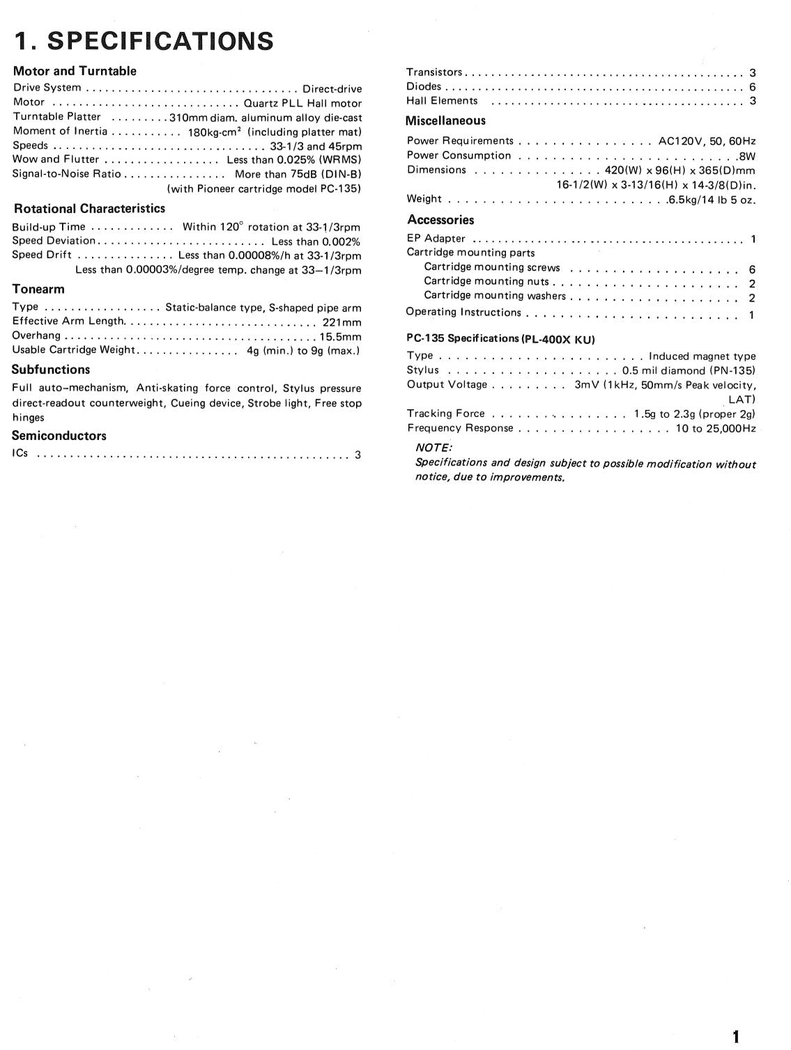 Pioneer PL-400 & PL-400X Turntable Service Manual (Pages: 33)