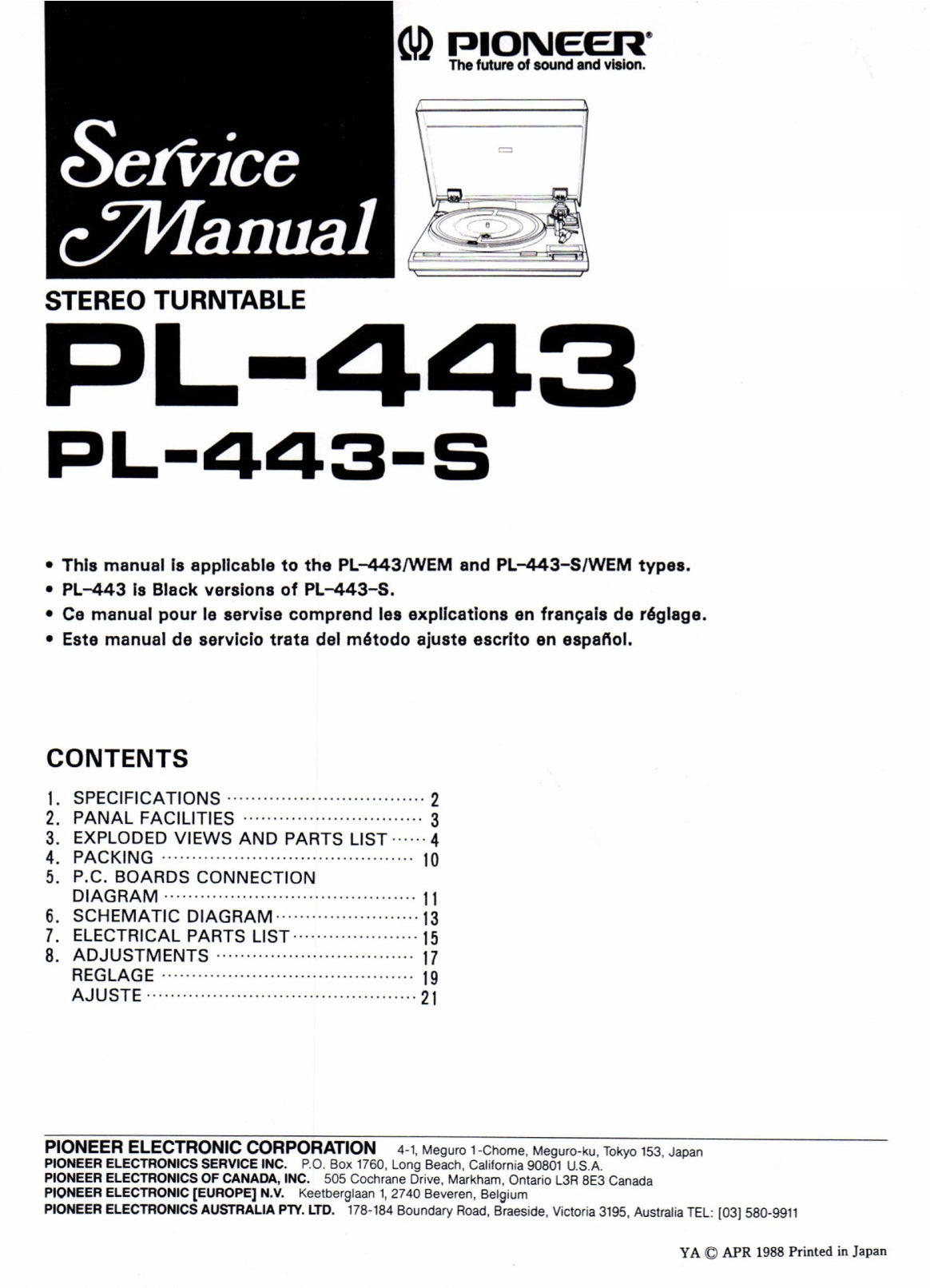 Pioneer PL-443 Turntable Service Manual (Pages: 16)