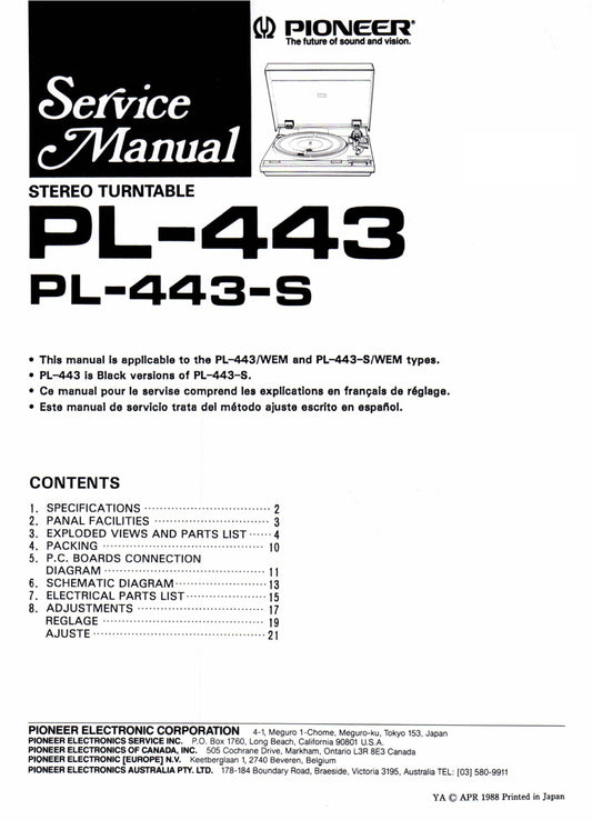 Pioneer PL-443 Turntable Service Manual (Pages: 16)