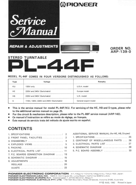 Pioneer PL-44F Turntable Service Manual (Pages: 25)