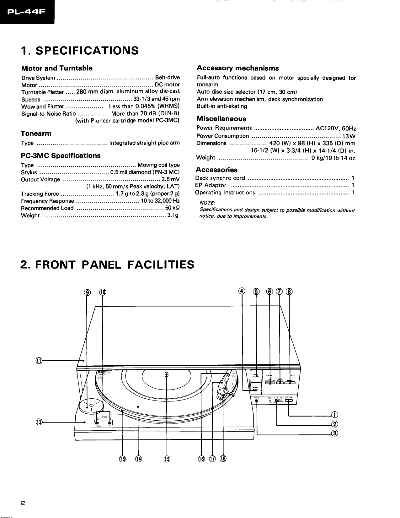 Pioneer PL-44F Turntable Service Manual (Pages: 25)