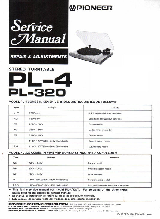 Pioneer PL-4 & PL-320 Turntable Service Manual (Pages: 26)