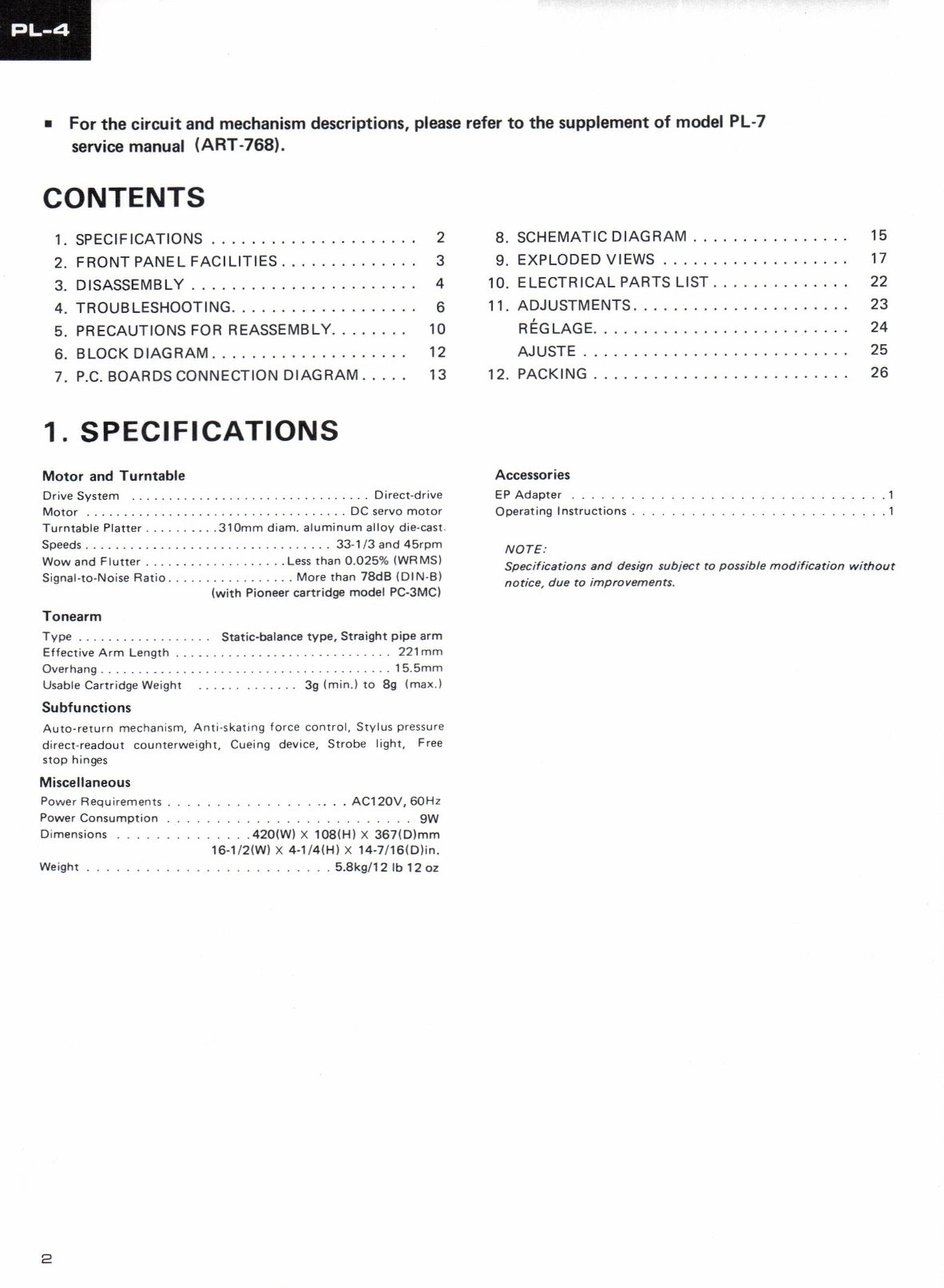 Pioneer PL-4 & PL-320 Turntable Service Manual (Pages: 26)