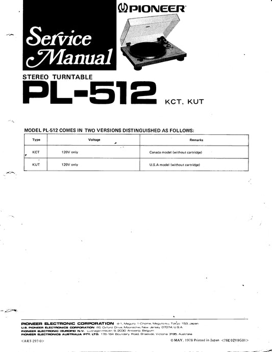 Pioneer PL-512 Stereo Turntable Owner & Service Manual (Pages: 16)