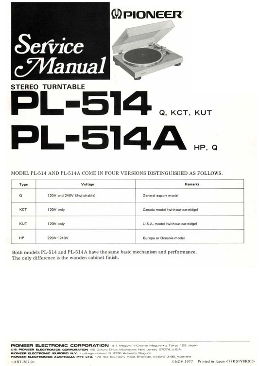 Pioneer PL-514 & PL-514A Turntable Service Manual (Pages: 21)