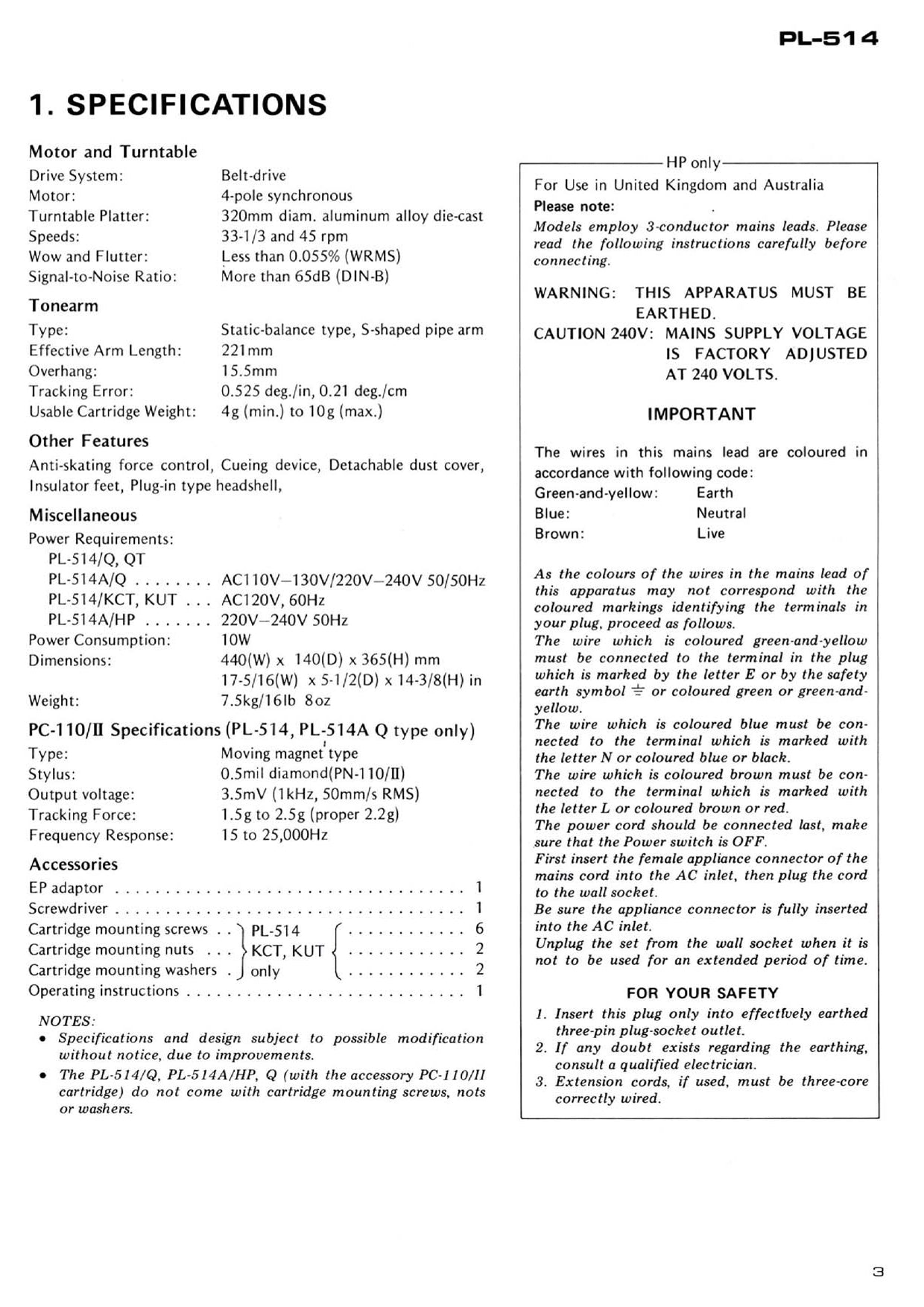 Pioneer PL-514 & PL-514A Turntable Service Manual (Pages: 21)
