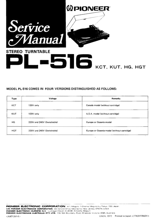 Pioneer PL-516 Turntable Service Manual (Pages: 26)
