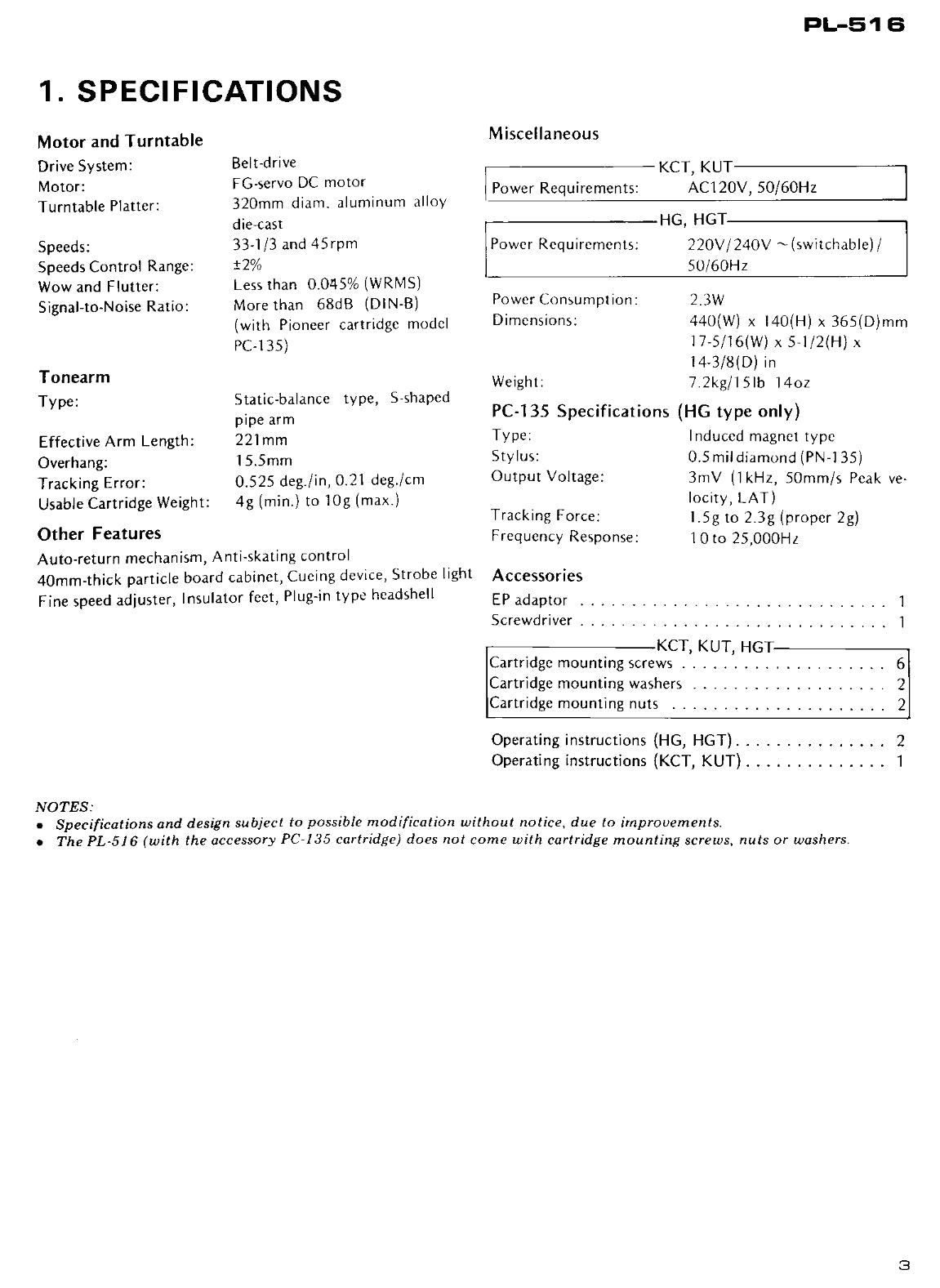 Pioneer PL-516 Turntable Service Manual (Pages: 26)