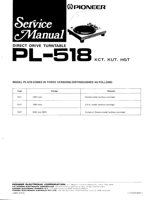 Pioneer PL-518 Turntable Service Manual (Pages: 23)