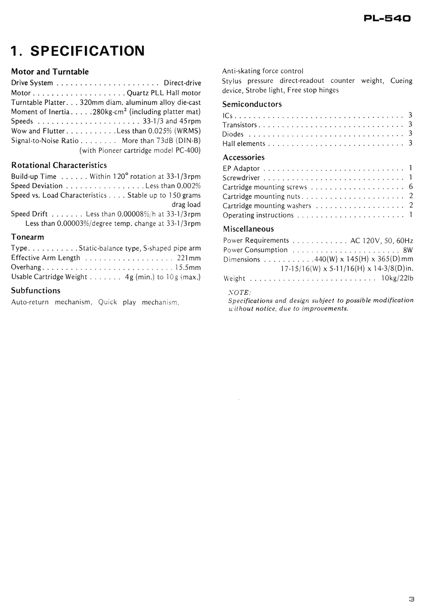 Pioneer PL-540 Turntable Service Manual (Pages: 33)