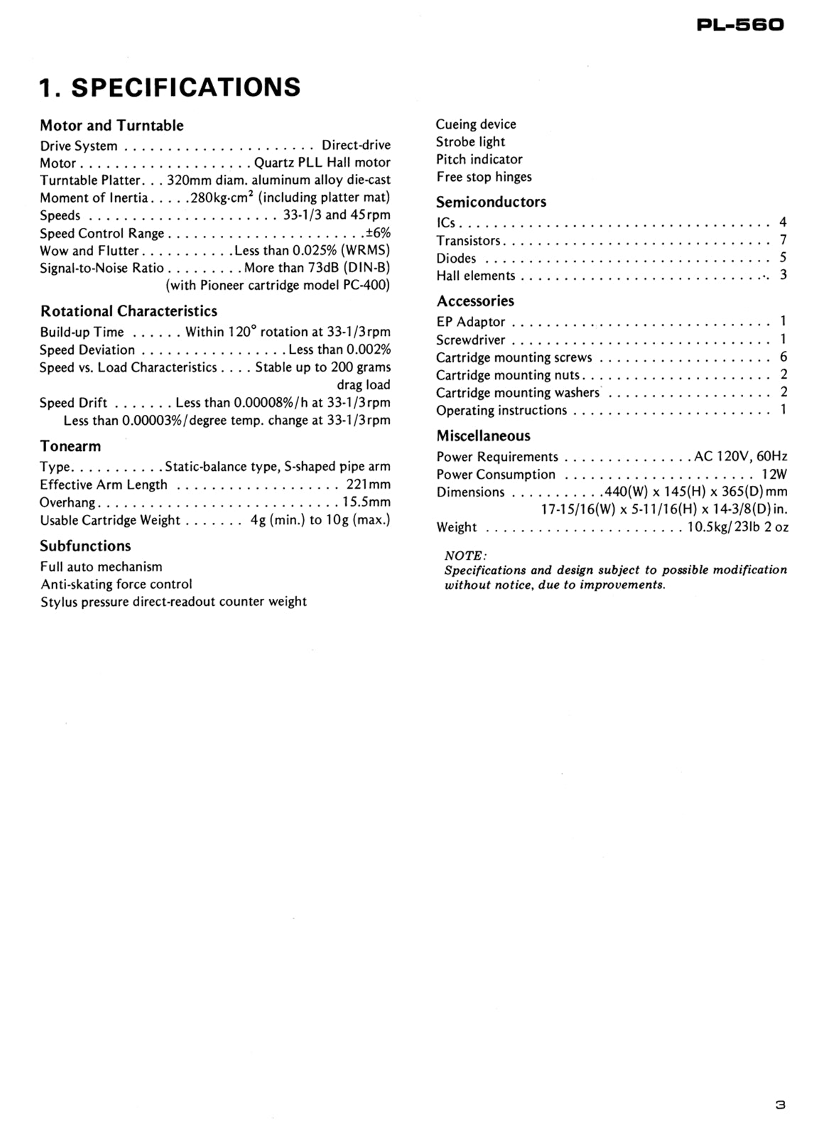 Pioneer PL-560 Turntable Service Manual (Pages: 30)