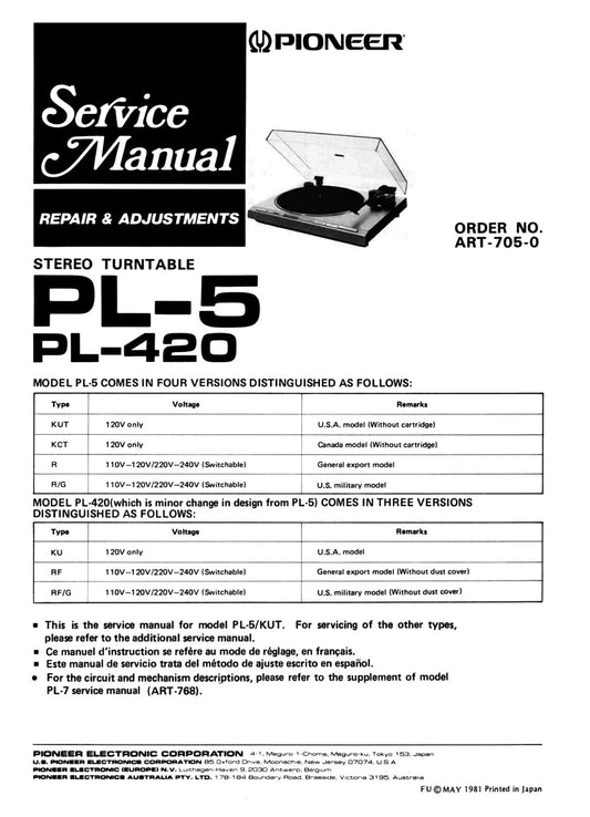 Pioneer PL-5 & PL-420 Turntable Service Manual (Pages: 27)