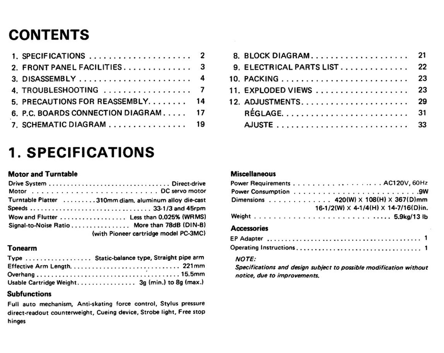 Pioneer PL-5 & PL-420 Turntable Service Manual (Pages: 27)