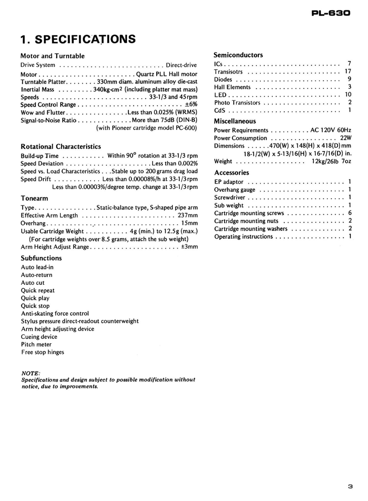 Pioneer PL-630 Turntable Service Manual (Pages: 41)