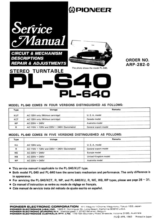 Pioneer PL-640 & PL-S40 Turntable Service Manual (Pages: 26)