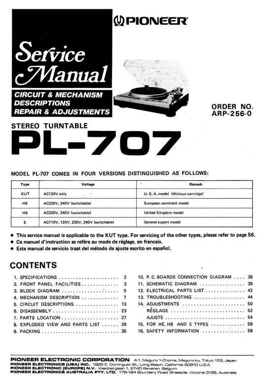 Pioneer PL-707 Turntable Service Manual (Pages: 51)