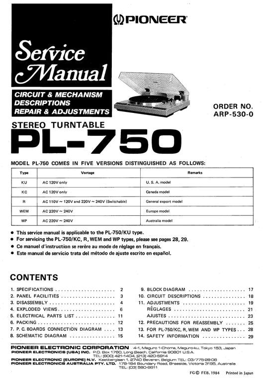 Pioneer PL-750 Turntable Service Manual (Pages: 46)